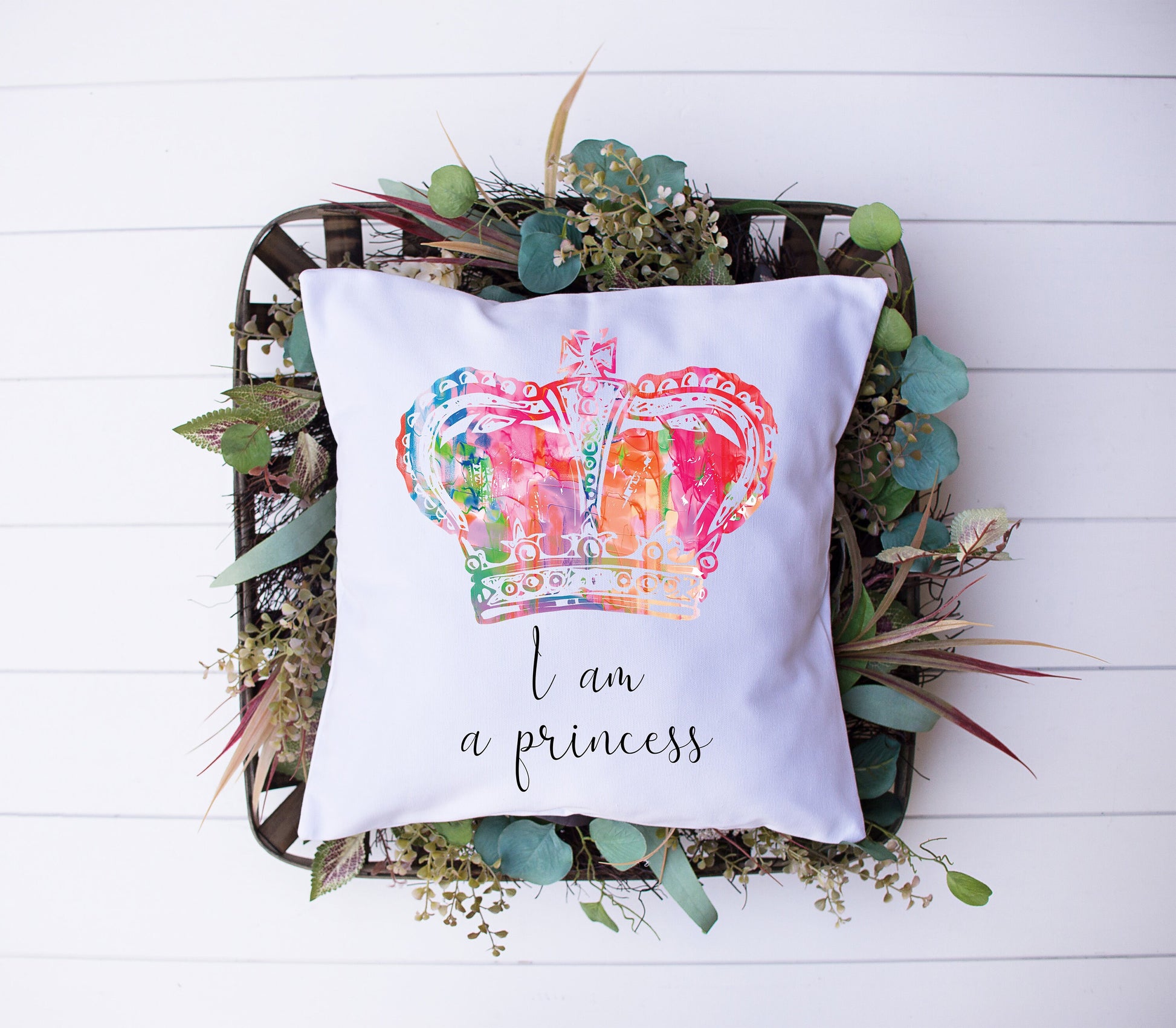 I Am A Princess | Black, White, Rainbow | Crown | Decorative Pillow | Custom Designed | Made In The USA
