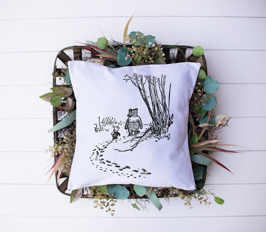 Winnie The Pooh Walking Through The Woods | Black, White | Piglet | Decorative Pillow | Custom Designed | Made In The USA