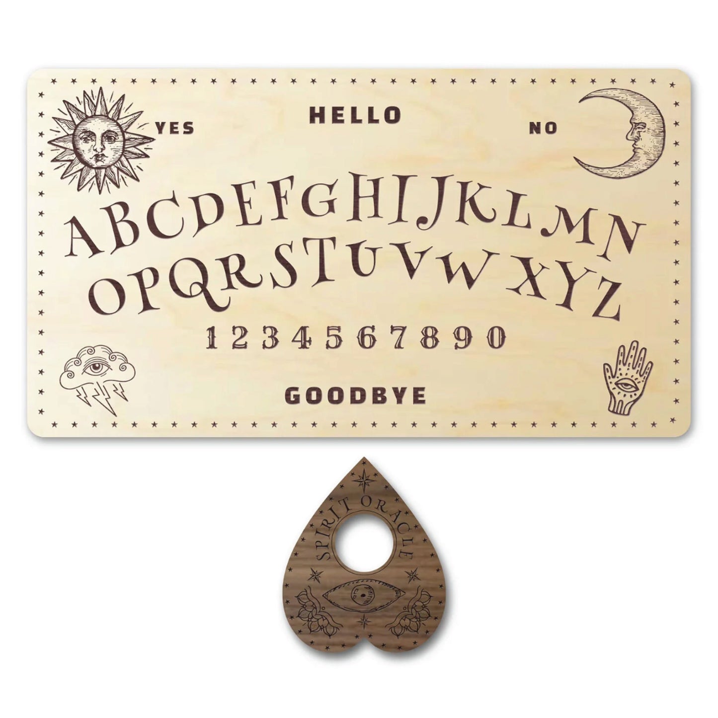 Spirit Board Set | Ouija Board Game with Engraved Planchette | Wood