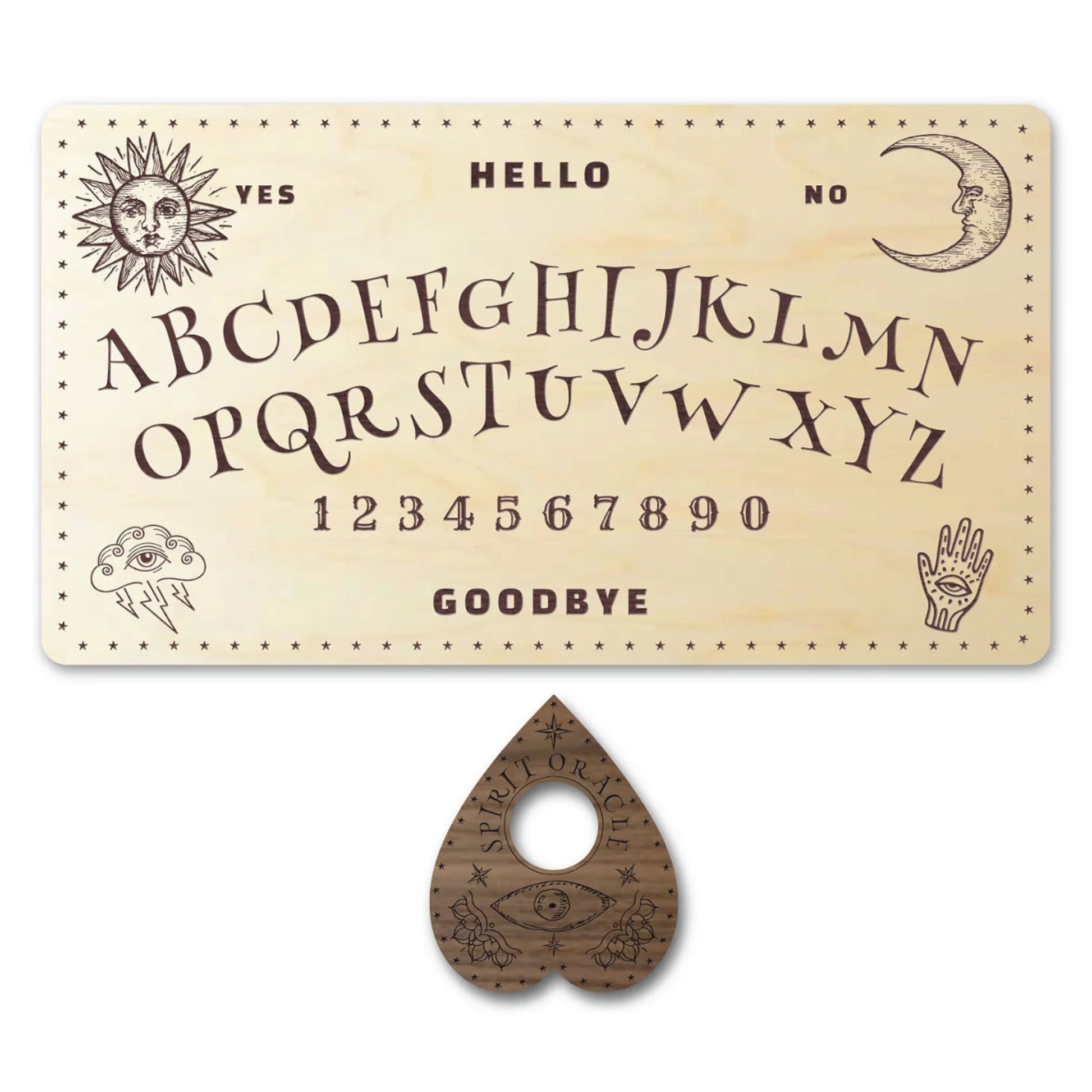 Spirit Board Set | Ouija Board Game with Engraved Planchette | Wood