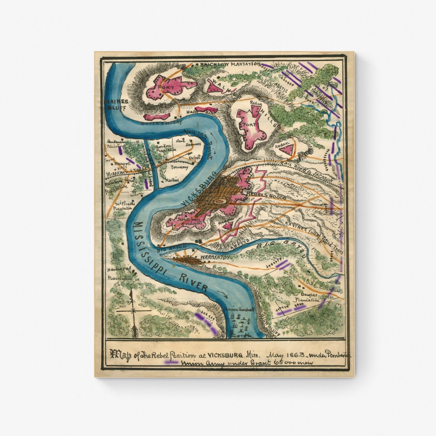 Map of the Rebel Position | Vicksburg Mississippi | Civil War | Ulysses S Grant | Abraham Lincoln | Art Print
