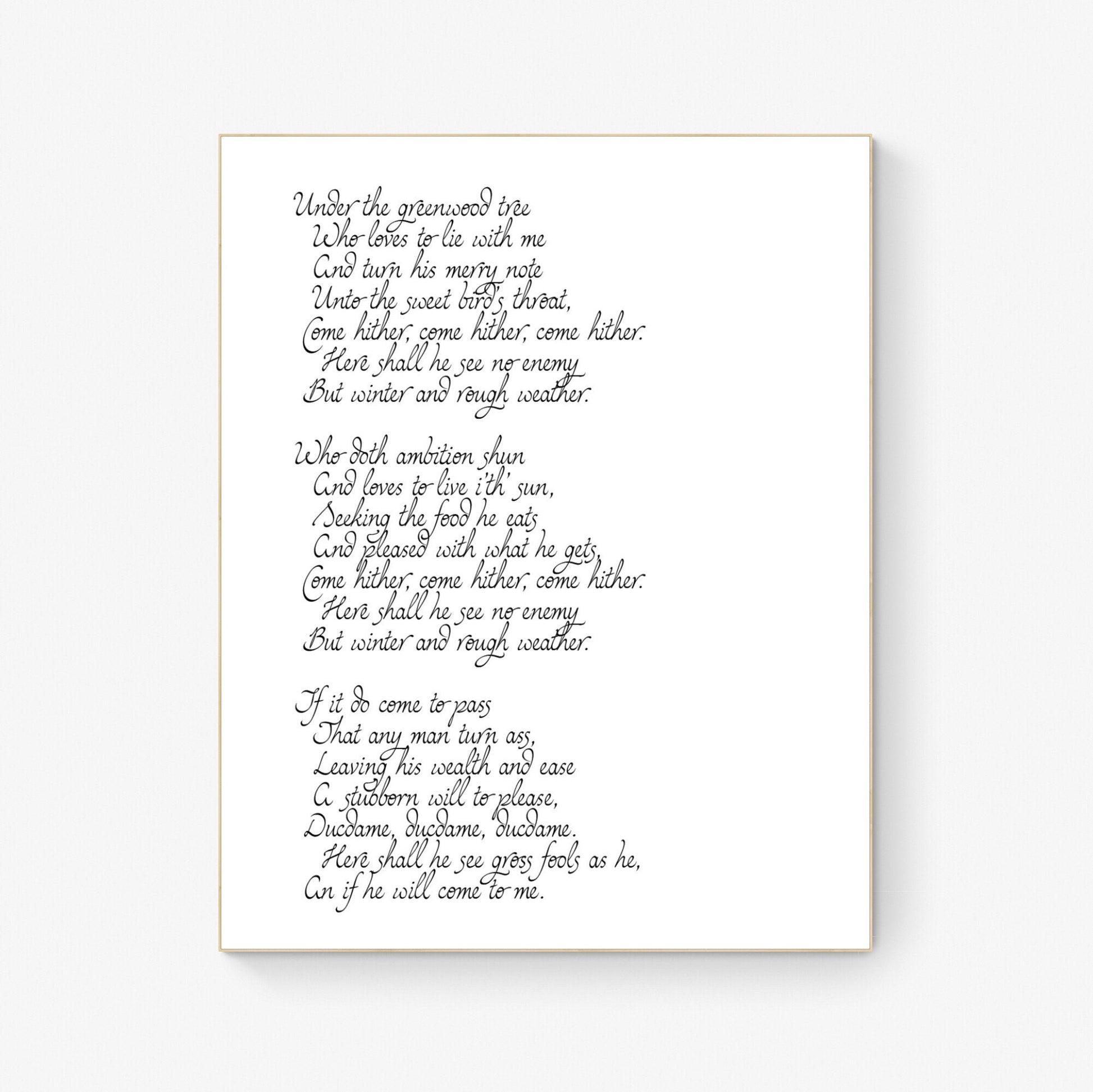 Under the Greenwood Tree by William Shakespeare's As You Like It Full Typography Art Print