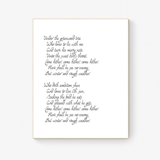 Under the Greenwood Tree by William Shakespeare's As You Like It Typography Art Print