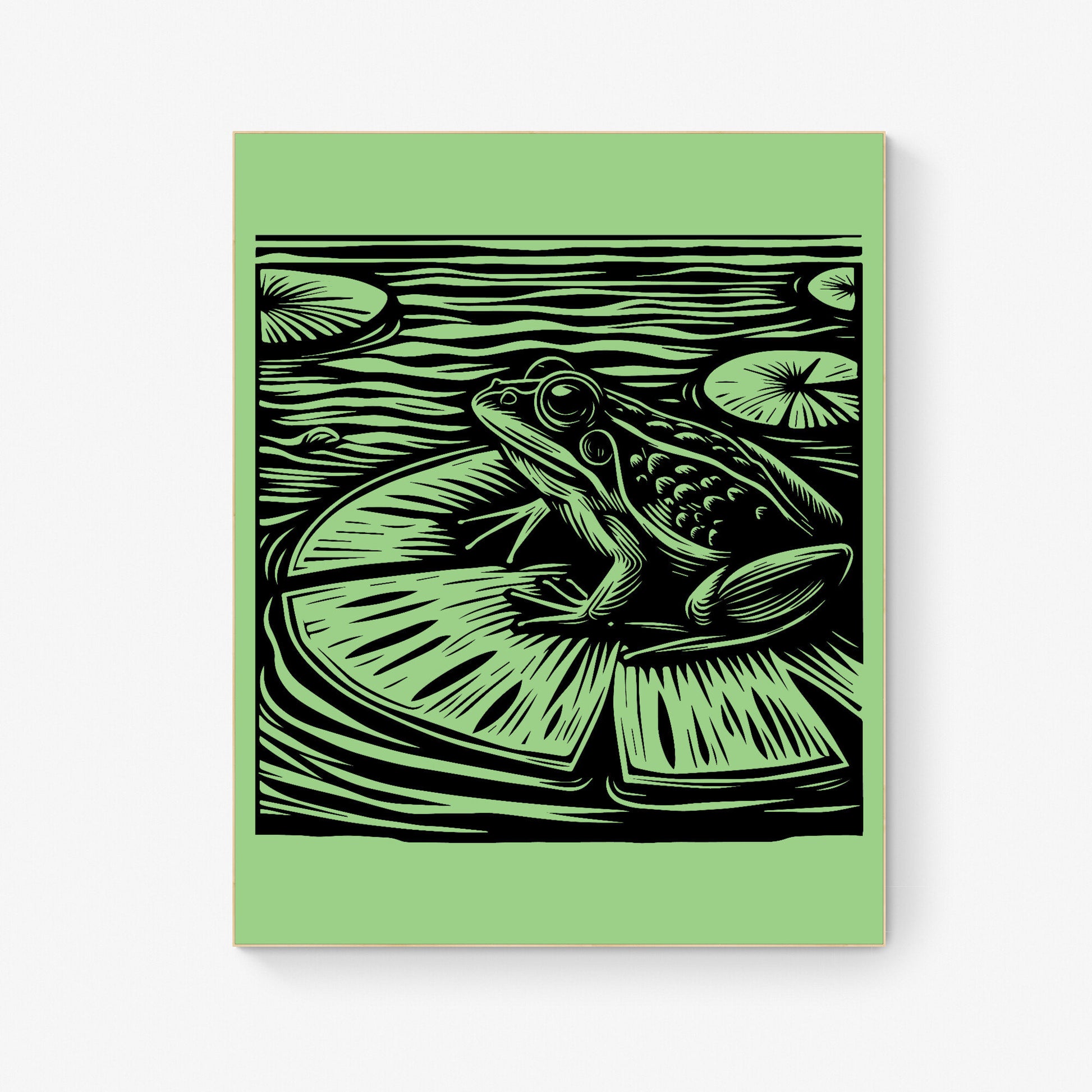 Serene Pond Observer Frog on Lily Pad Lithograph Art Print
