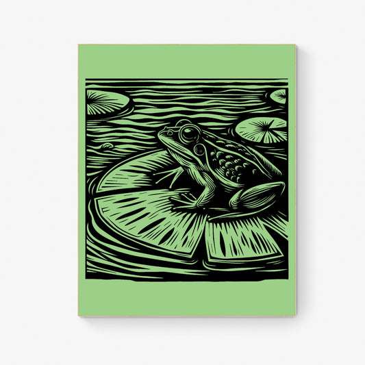 Serene Pond Observer Frog on Lily Pad Lithograph Art Print